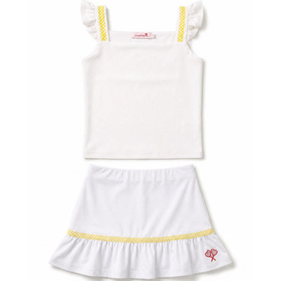 White dress with yellow trim on a white background