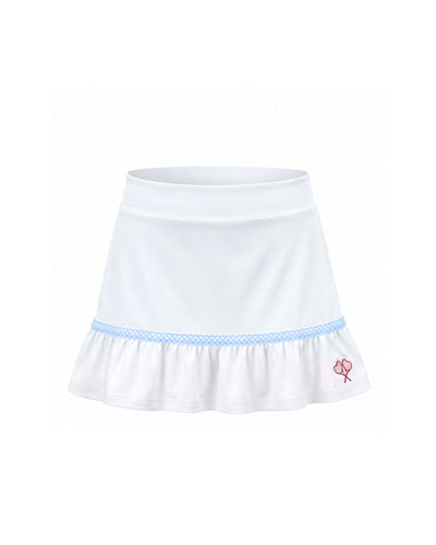 White skirt with blue trim on a white background