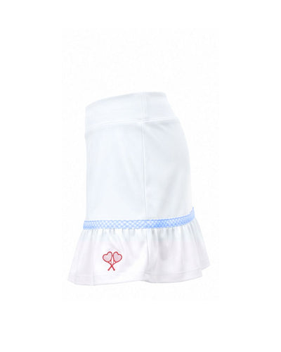 White skirt with blue trim and red heart design on a white background