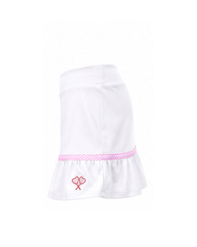 White skirt with pink gingham detail and red logo on flat white background