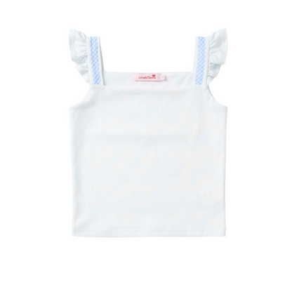 White tank top with blue straps on a white background