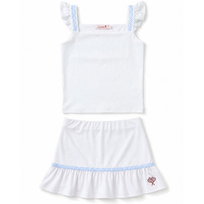 White dress with blue trim on a white background