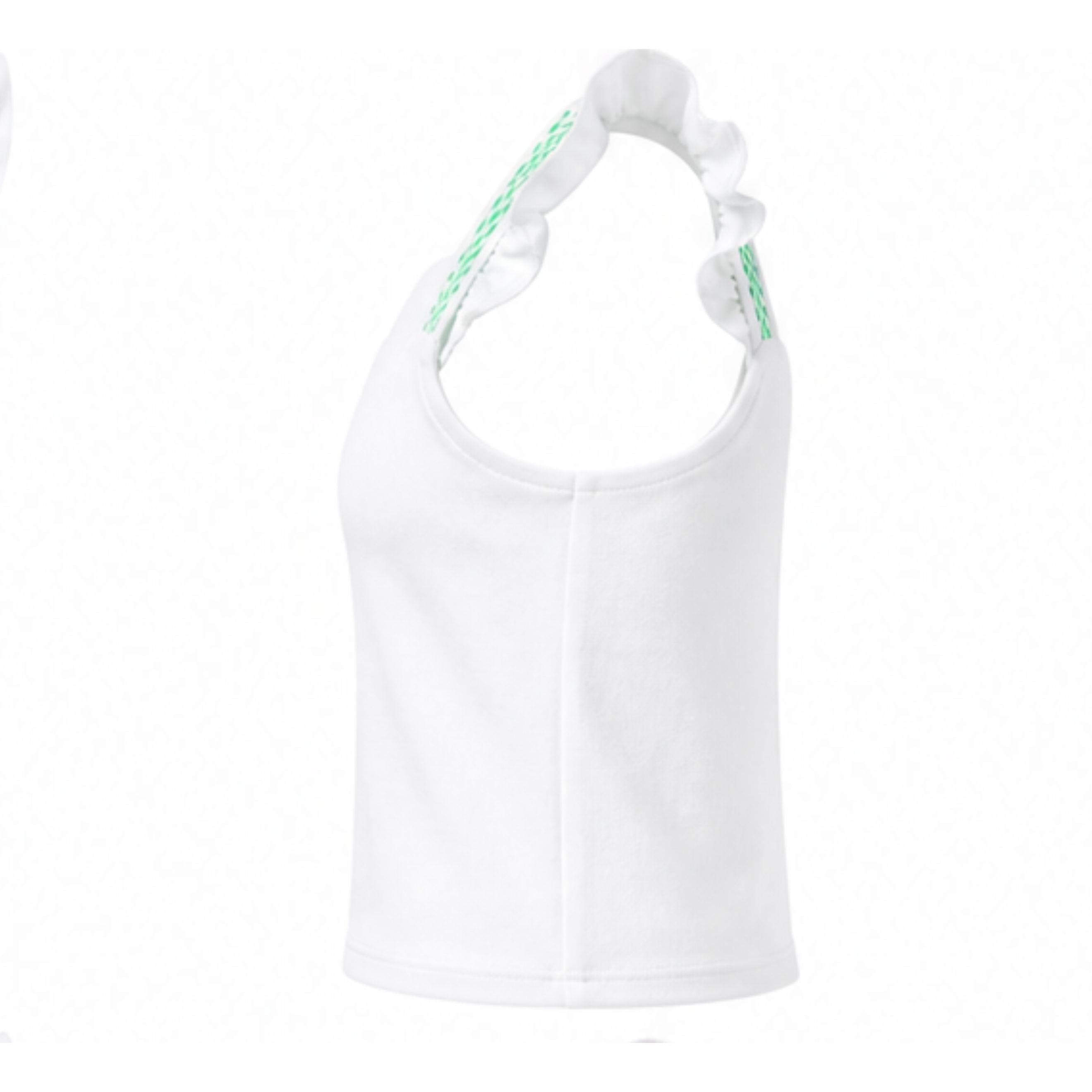 White tank top with green accents on a white background