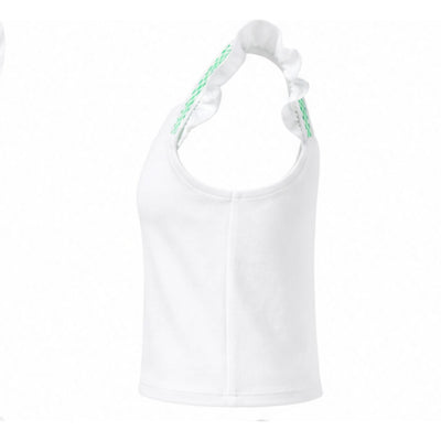 White tank top with green accents on a white background