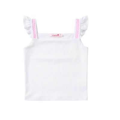 White tank top with pink straps on a white background
