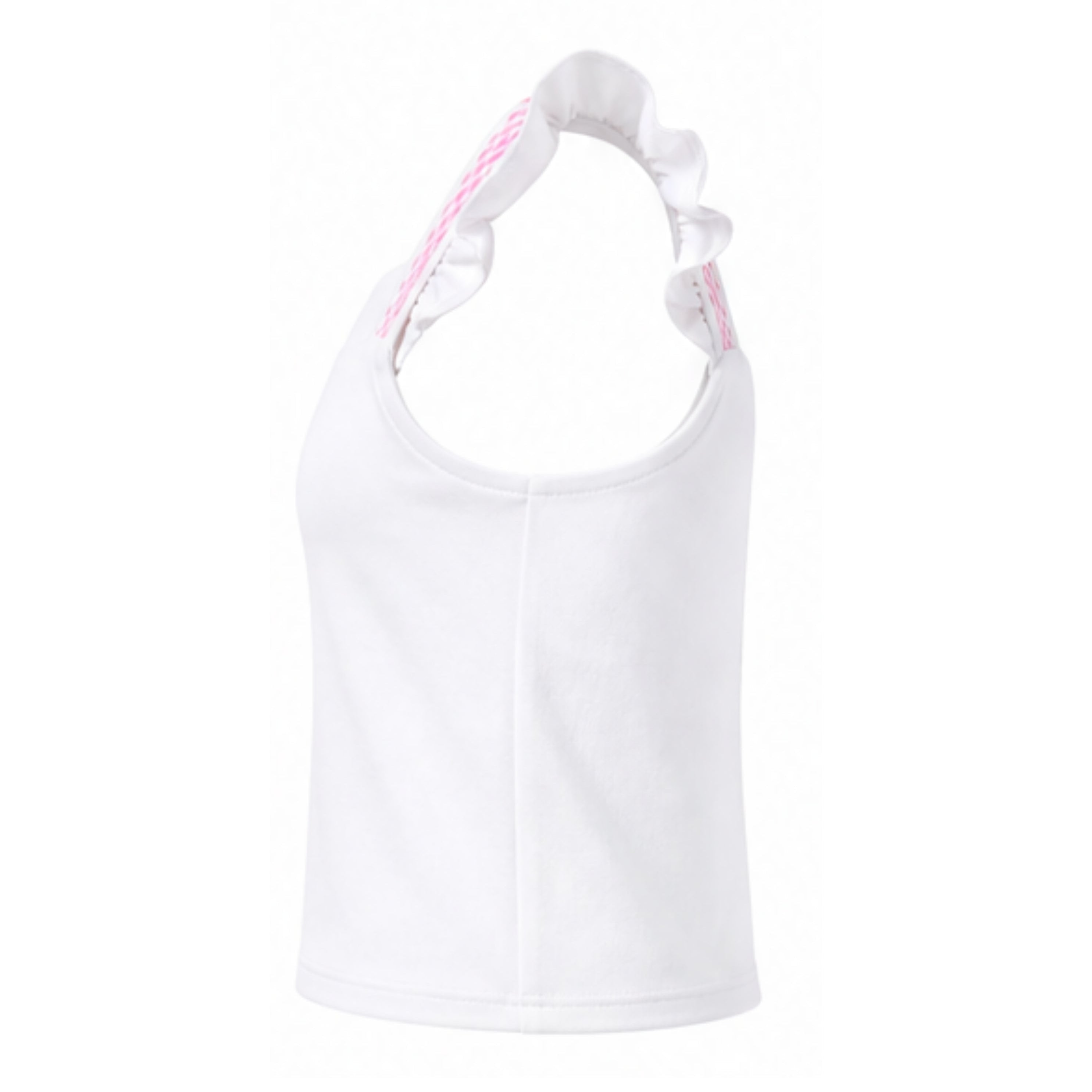 White tank top with pink accents on a white background