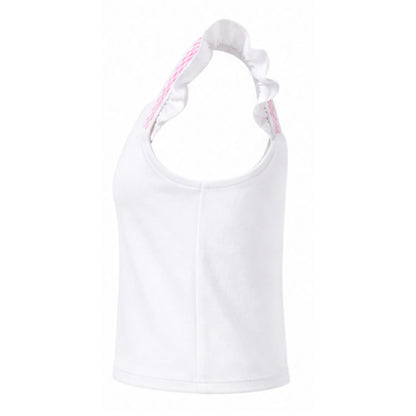 White tank top with pink accents on a white background