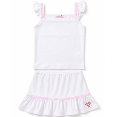 White dress with pink trim on a white background