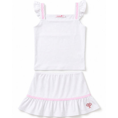 White dress with pink trim on a white background