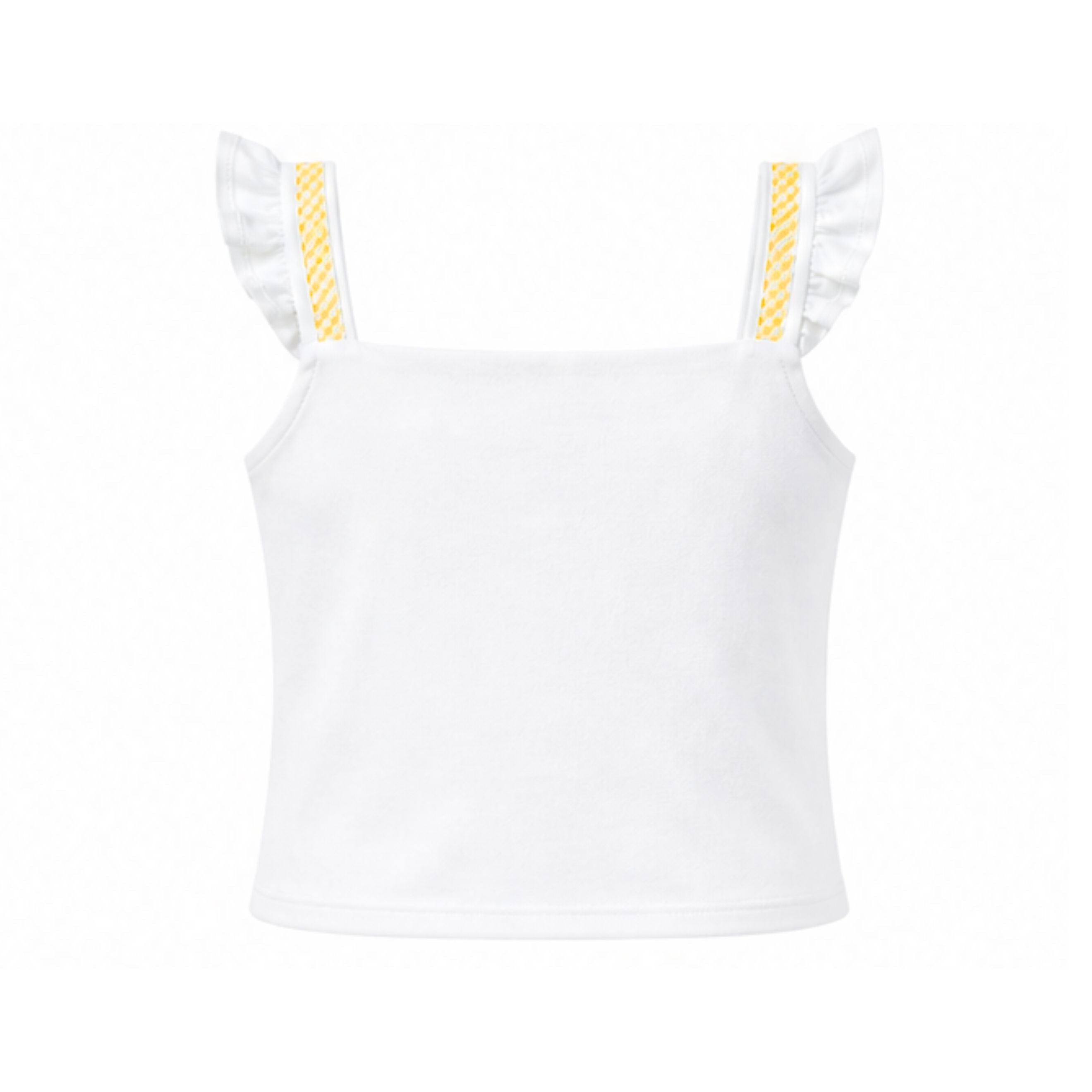 White top with ruffled straps and yellow accents on a white background