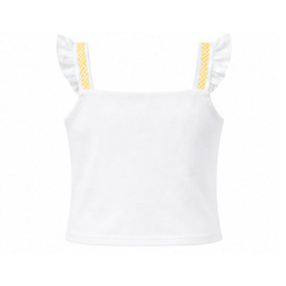 White top with ruffled straps and yellow accents on a white background
