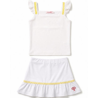 White dress with yellow trim on a white background