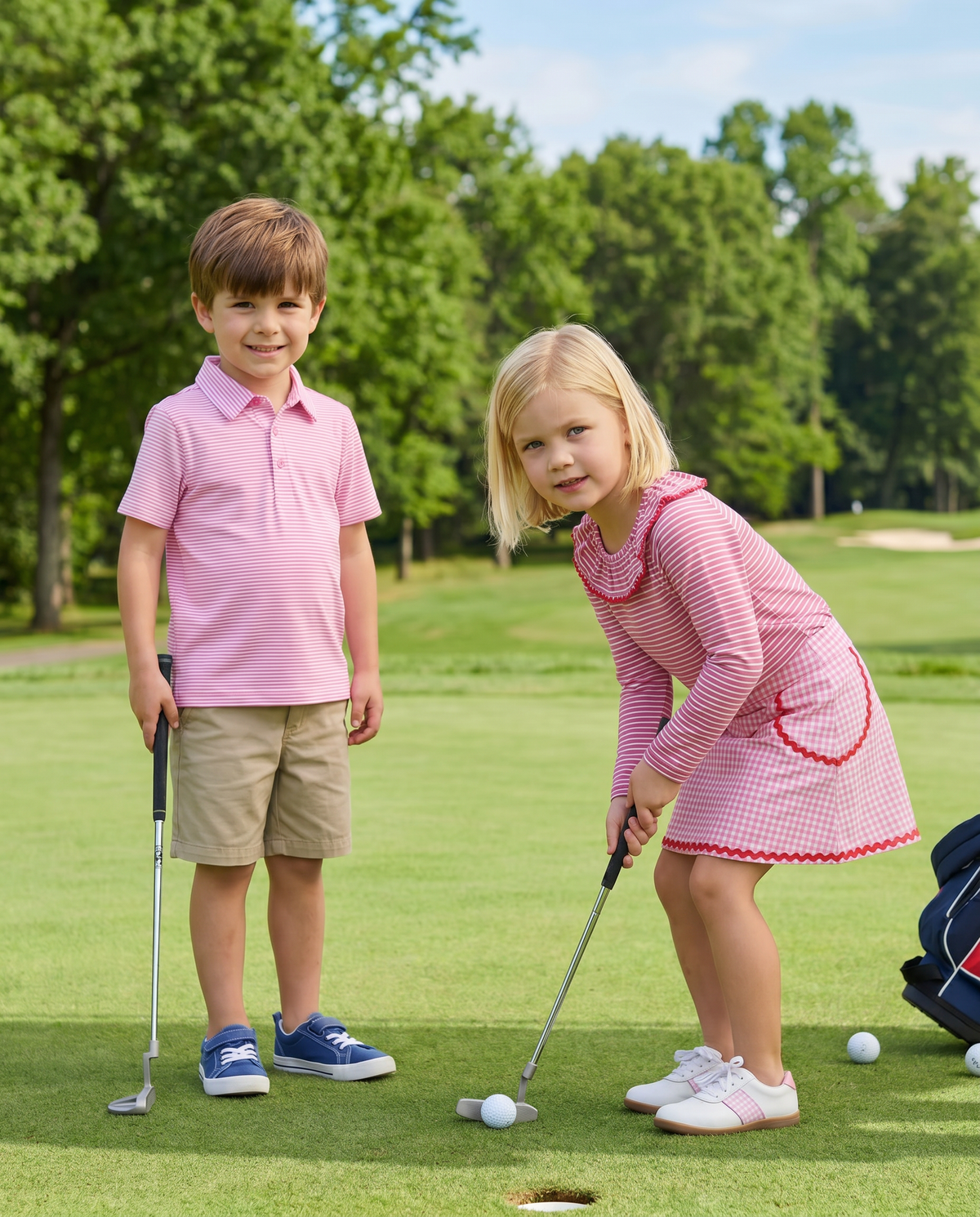 A young boy in a pink polo shirt and khaki shorts stands next to a girl in a pink gingham dress with red trim, both on a golf course, holding golf clubs near golf balls.