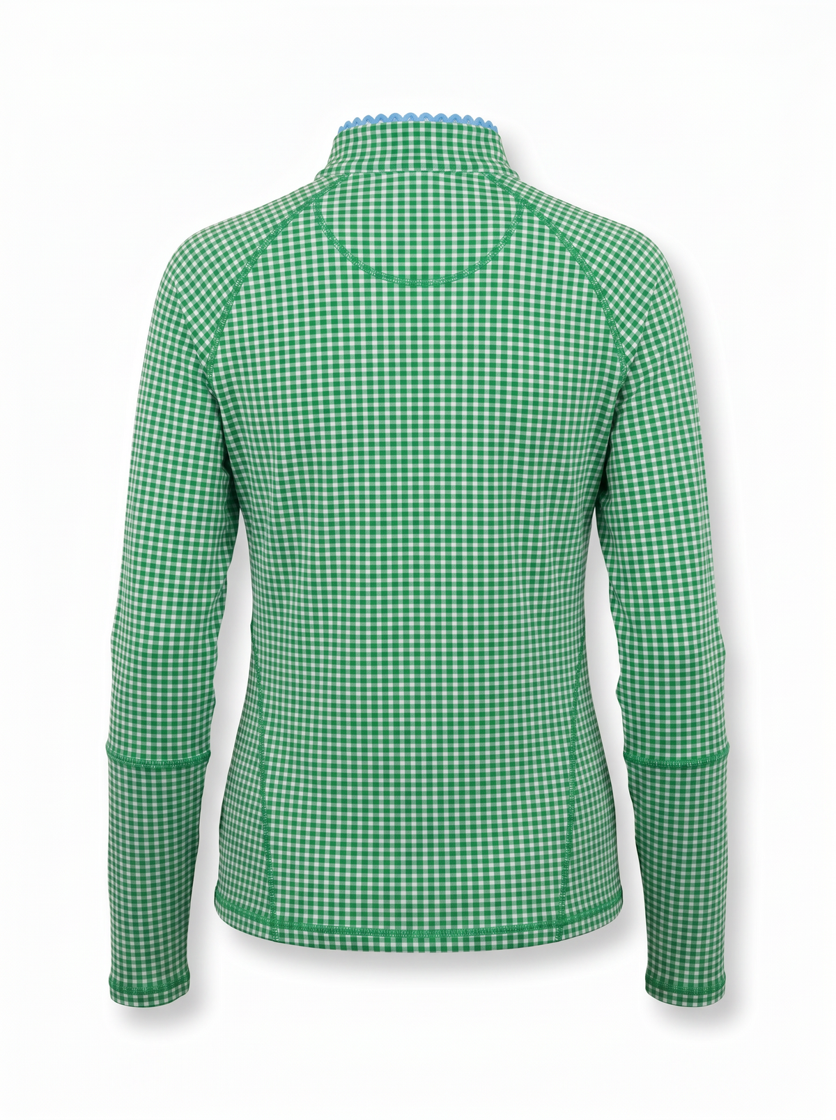 A green and white gingham long-sleeve quarter-zip jacket shown from the back, displayed on a clean white background.