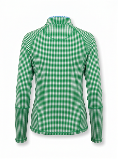 A green and white gingham long-sleeve quarter-zip jacket shown from the back, displayed on a clean white background.