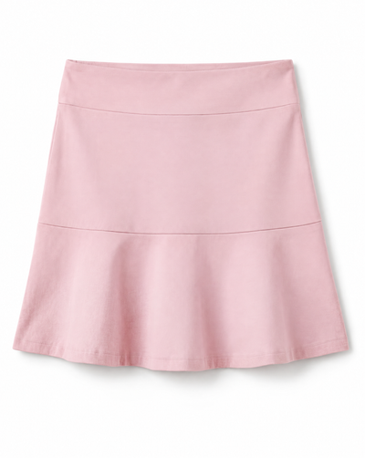 Pink tiered skirt on a flat white background