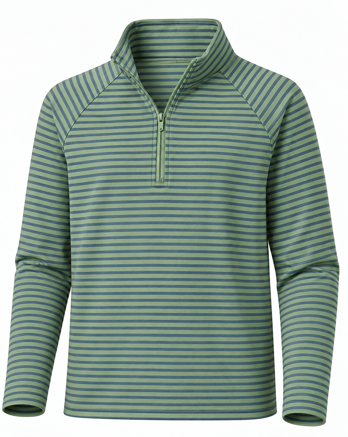 A green and teal striped long-sleeve quarter-zip pullover shirt, shown on a clean white background.