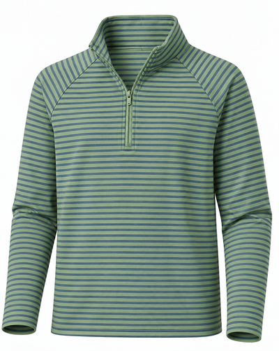 A green and teal striped long-sleeve quarter-zip pullover shirt, shown on a clean white background.