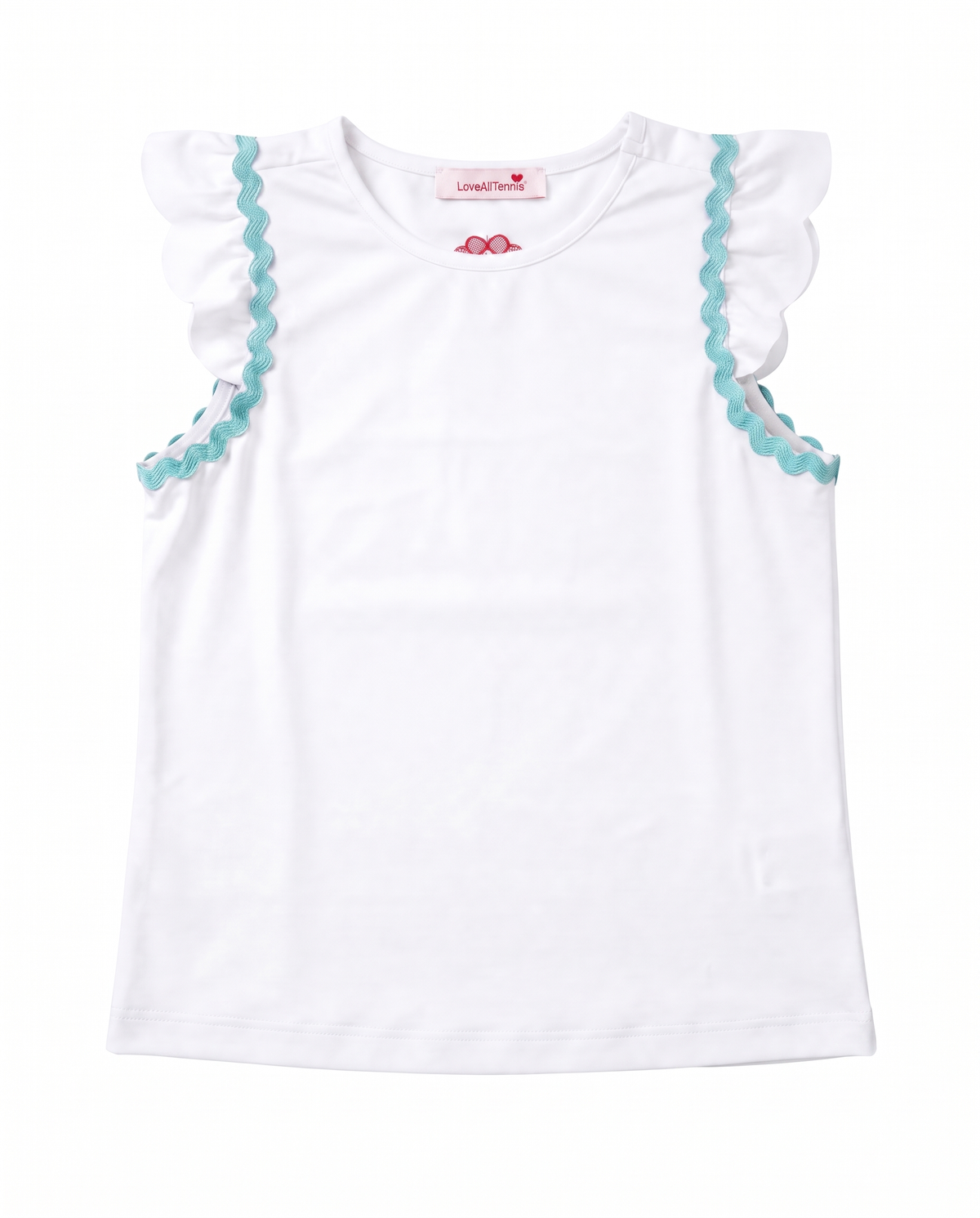 A white sleeveless top with ruffled shoulder details trimmed in light blue, shown flat against a white background.