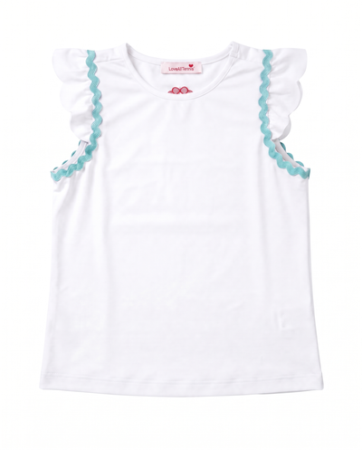 A white sleeveless top with ruffled shoulder details trimmed in light blue, shown flat against a white background.