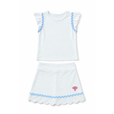 White top and skort with blue trim and a red heart design on a white background