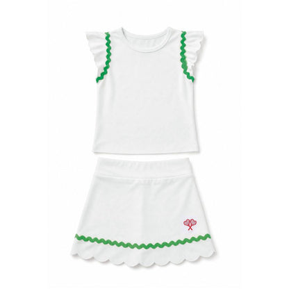 White sleeveless top and skirt set with green trim on a white background