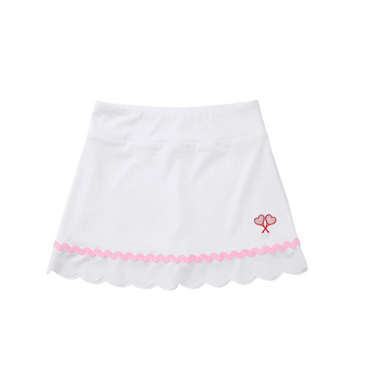 White skirt with pink trim and logo on a white background