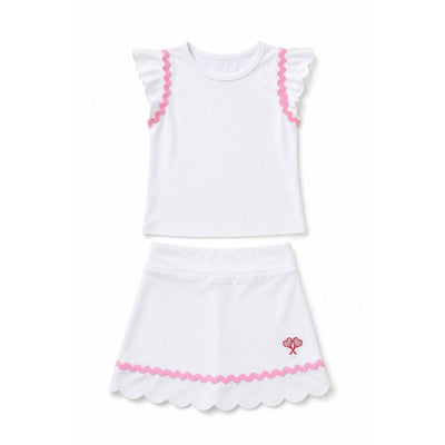 White top and skirt with pink trim on a white background
