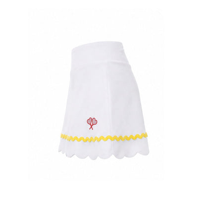 White skirt with yellow trim and red flower design on a white background