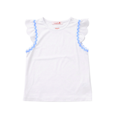 White top with blue trim on a white background
