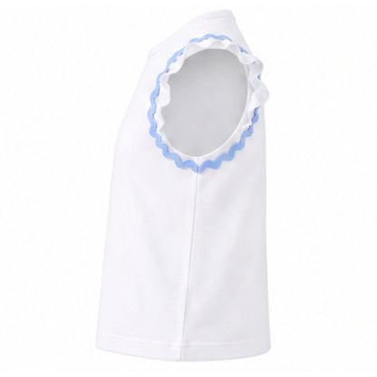 White sleeveless top with blue trim on a white background