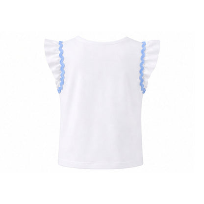 White top with blue trim on a white background
