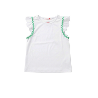 White top with green trim on a white background