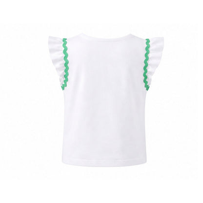 White top with green trim on a white background