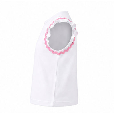 White top with pink trim on a white background