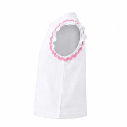 White baby bib with pink trim on a white background