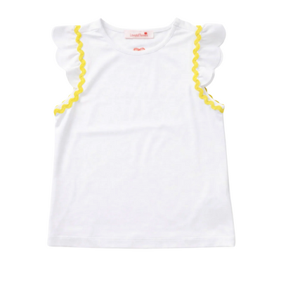 White sleeveless top with yellow trim on a white background
