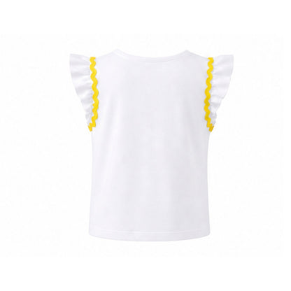 White top with yellow trim on a white background