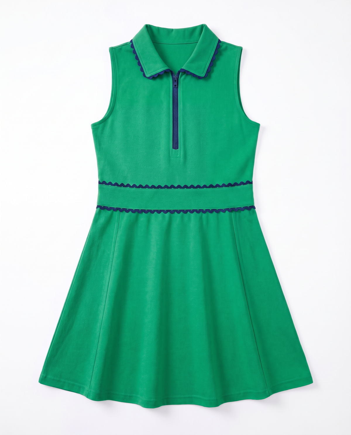 A green sleeveless collared dress with a half-zip neckline and dark navy blue trim details, shown flat against a white background.