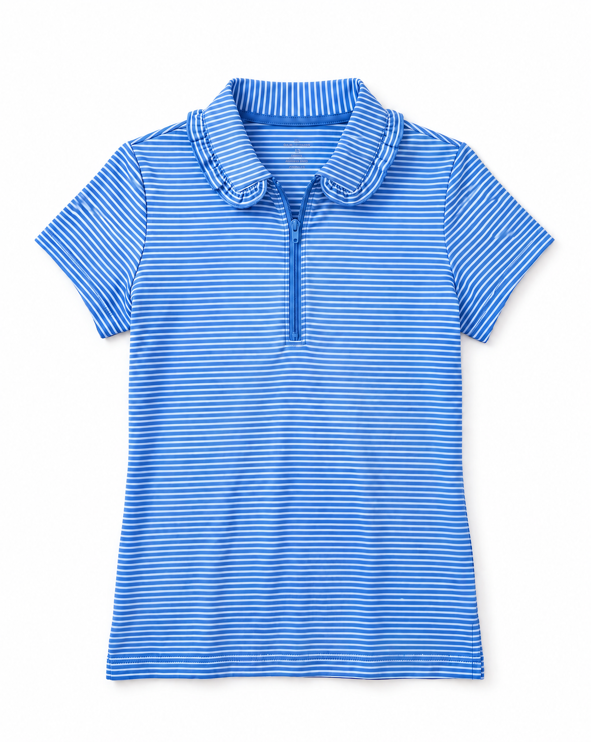 A short-sleeve polo shirt with fine horizontal blue and white stripes, featuring a collar and a short button placket, shown on a plain white background.