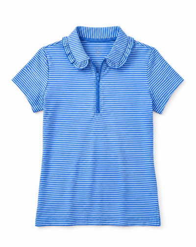 A short-sleeve polo shirt with fine horizontal blue and white stripes, featuring a collar and a short button placket, shown on a plain white background.