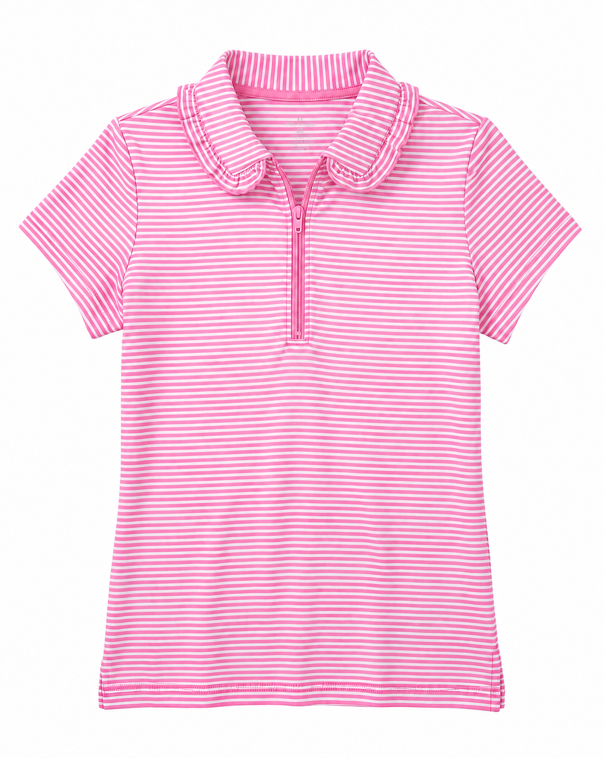 A pink and white striped short-sleeve polo shirt with a half-zip collar, displayed flat against a solid white background.