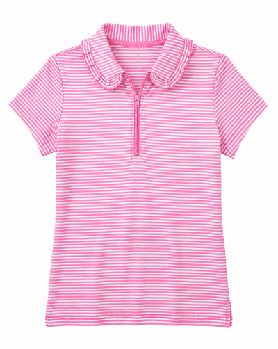 A pink and white striped short-sleeve polo shirt with a half-zip collar, displayed flat against a solid white background.