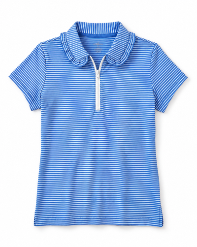 A short-sleeve polo shirt with a half-zip collar, featuring horizontal blue and white stripes, displayed on a clean white background.