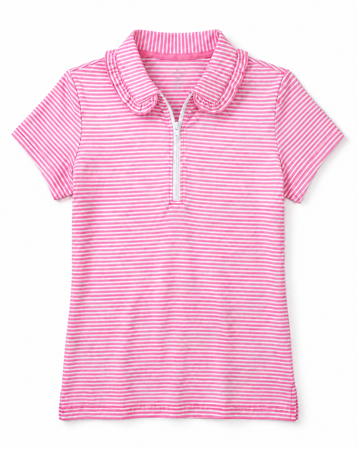 A pink and white striped short-sleeve polo shirt with a half-zip neckline, displayed flat against a white background.