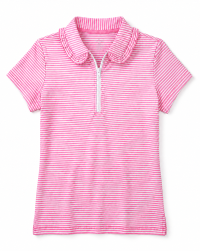 A pink and white striped short-sleeve polo shirt with a half-zip neckline, displayed flat against a white background.