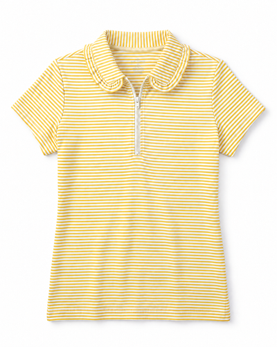 A yellow and white striped short-sleeve polo shirt with a half-zip collar, displayed flat against a white background.