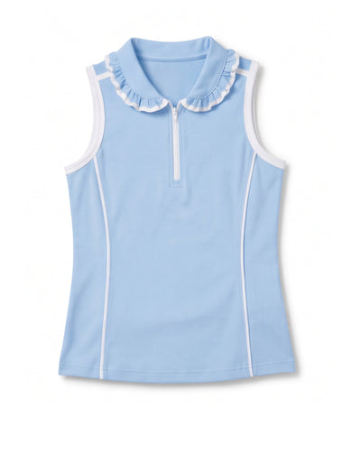 A light blue sleeveless top with a ruffled collar, a short front zipper, and white piping details, shown against a plain white background.