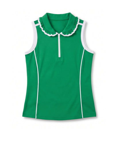 A green sleeveless polo-style top with a ruffled white collar and white piping details, shown against a plain white background.