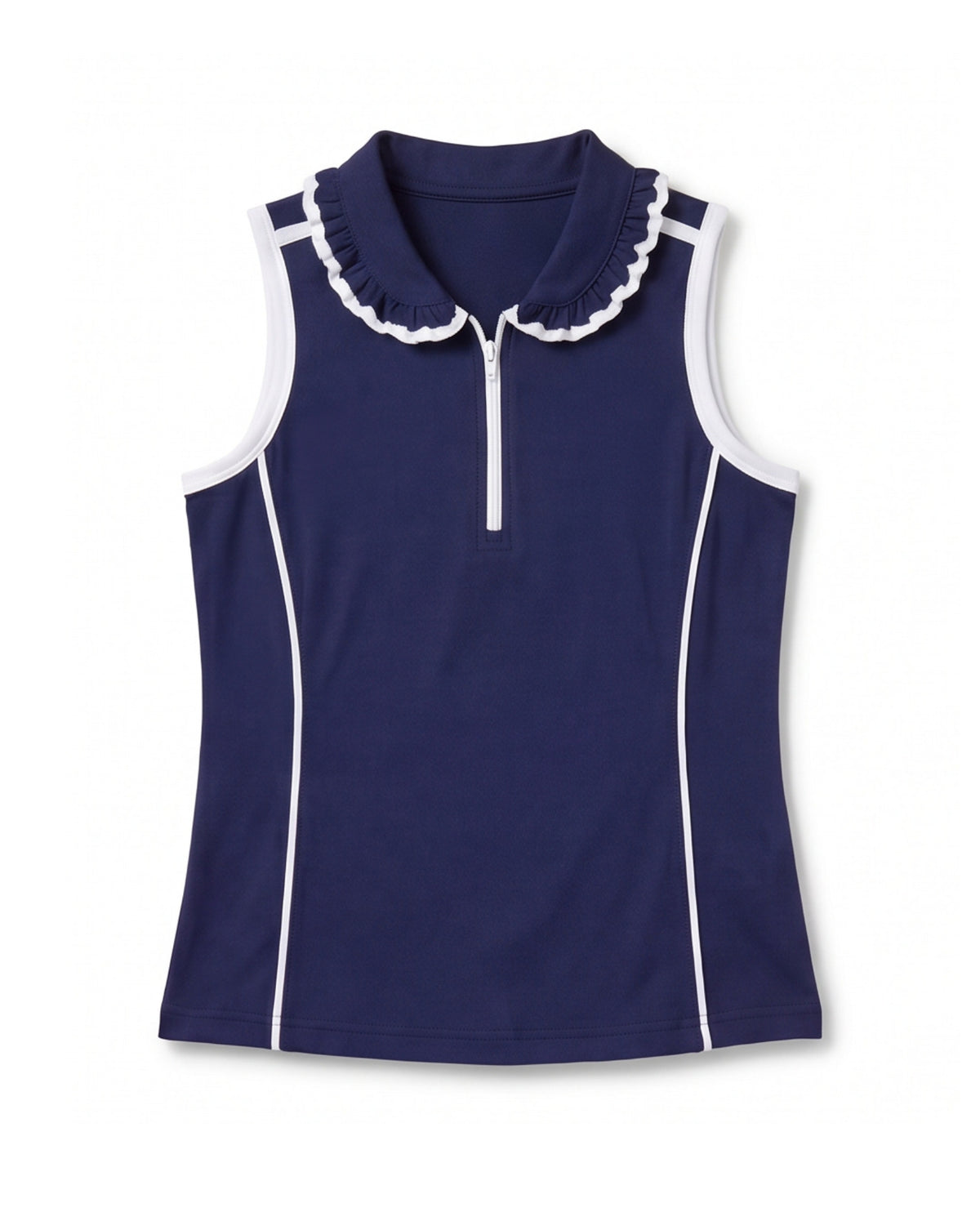 A sleeveless navy blue top with a white ruffled collar, a half-zip neckline, and white piping details along the sides, shown against a plain white background.